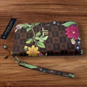 London Fog Floral Wallet Clutch Wristlet Zip Around Brown‎ Checkbook